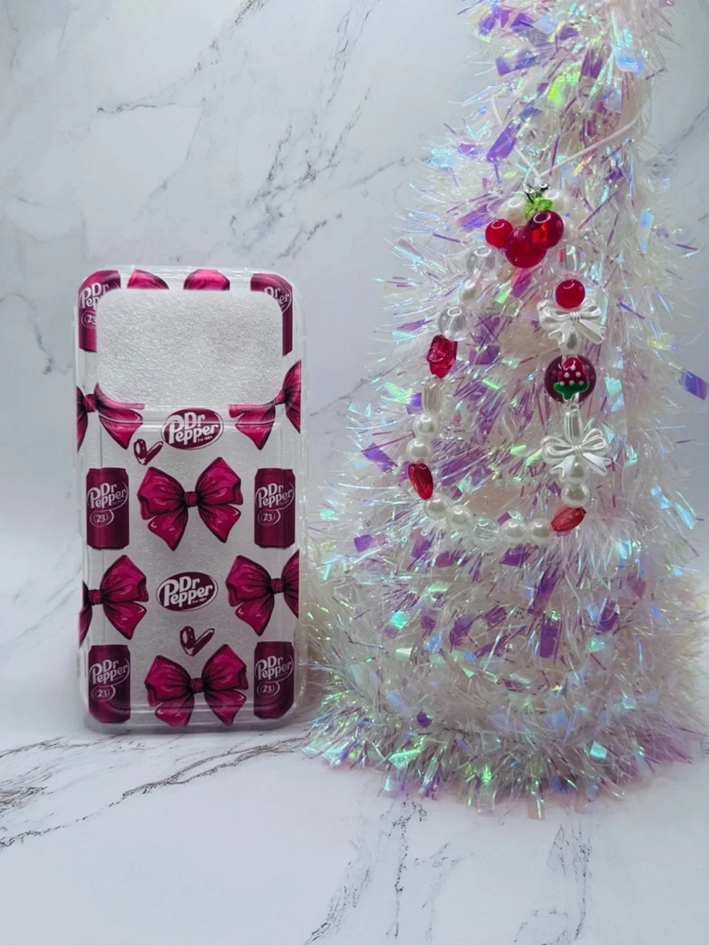 iPhone 17 Pro Dr Pepper Bow Phone Case + Beaded Cherry Bow Charm